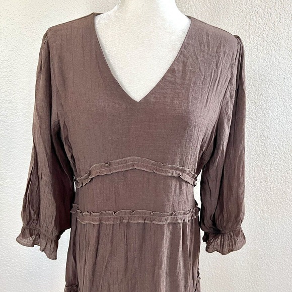 Mikarose The Charlie Large Tiered Midi Dress Brown Prairie V Neck Cottagecore - Picture 3 of 16